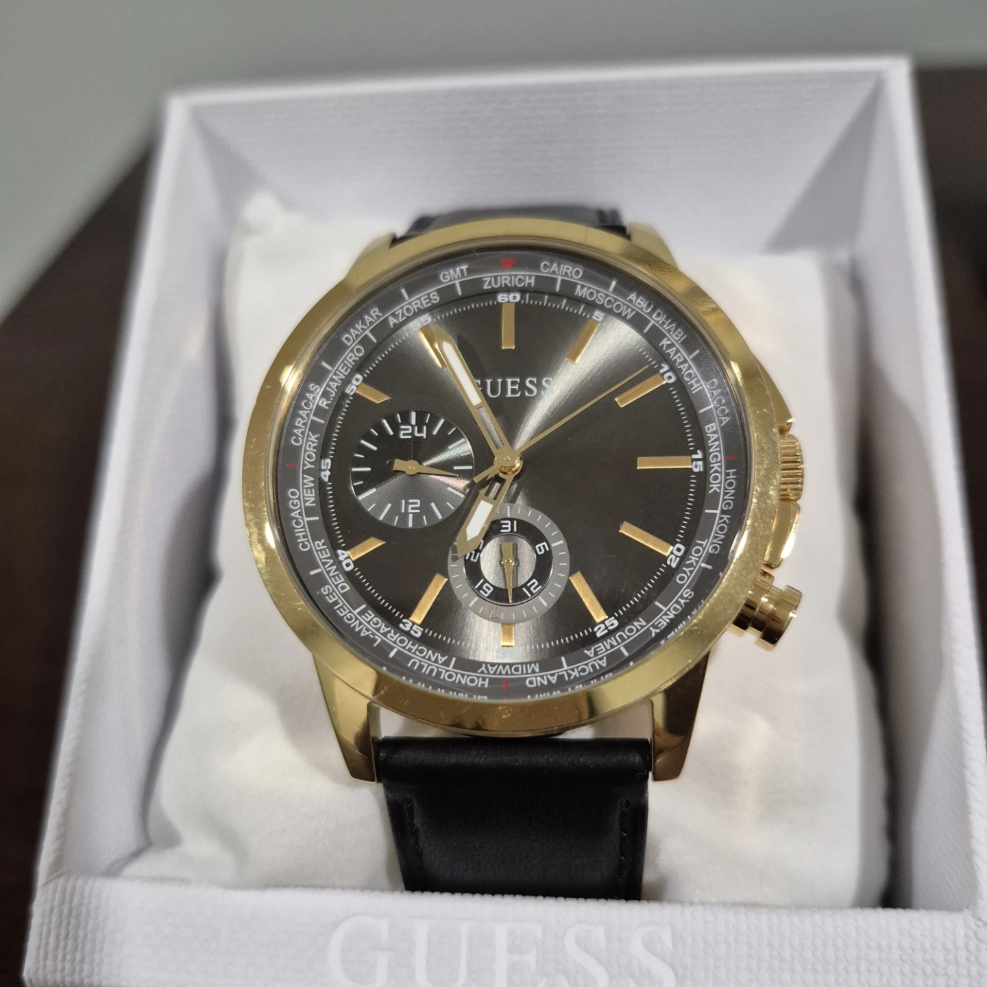 Guess Watch Gold Tone Black Leather Strap