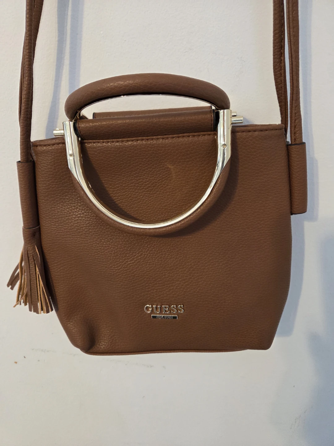 Guess Sofia Metal Bar Crossbody Bag - Cognac $40