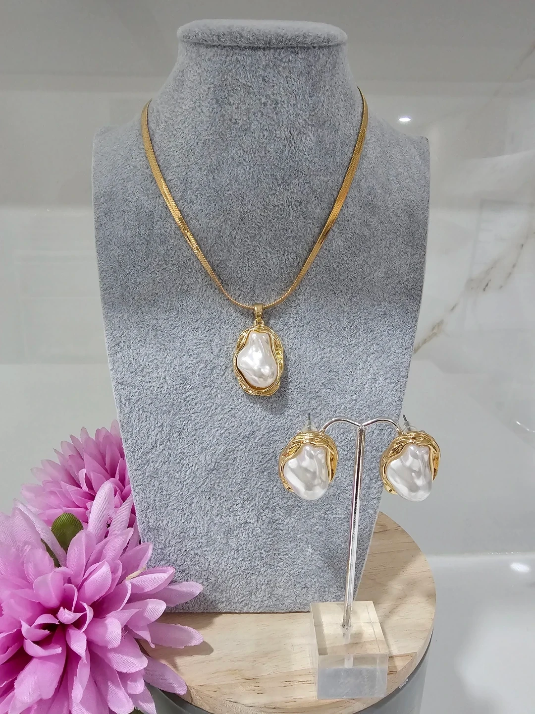 Gold Tone Necklace and Earring Set with Baroque Pearls