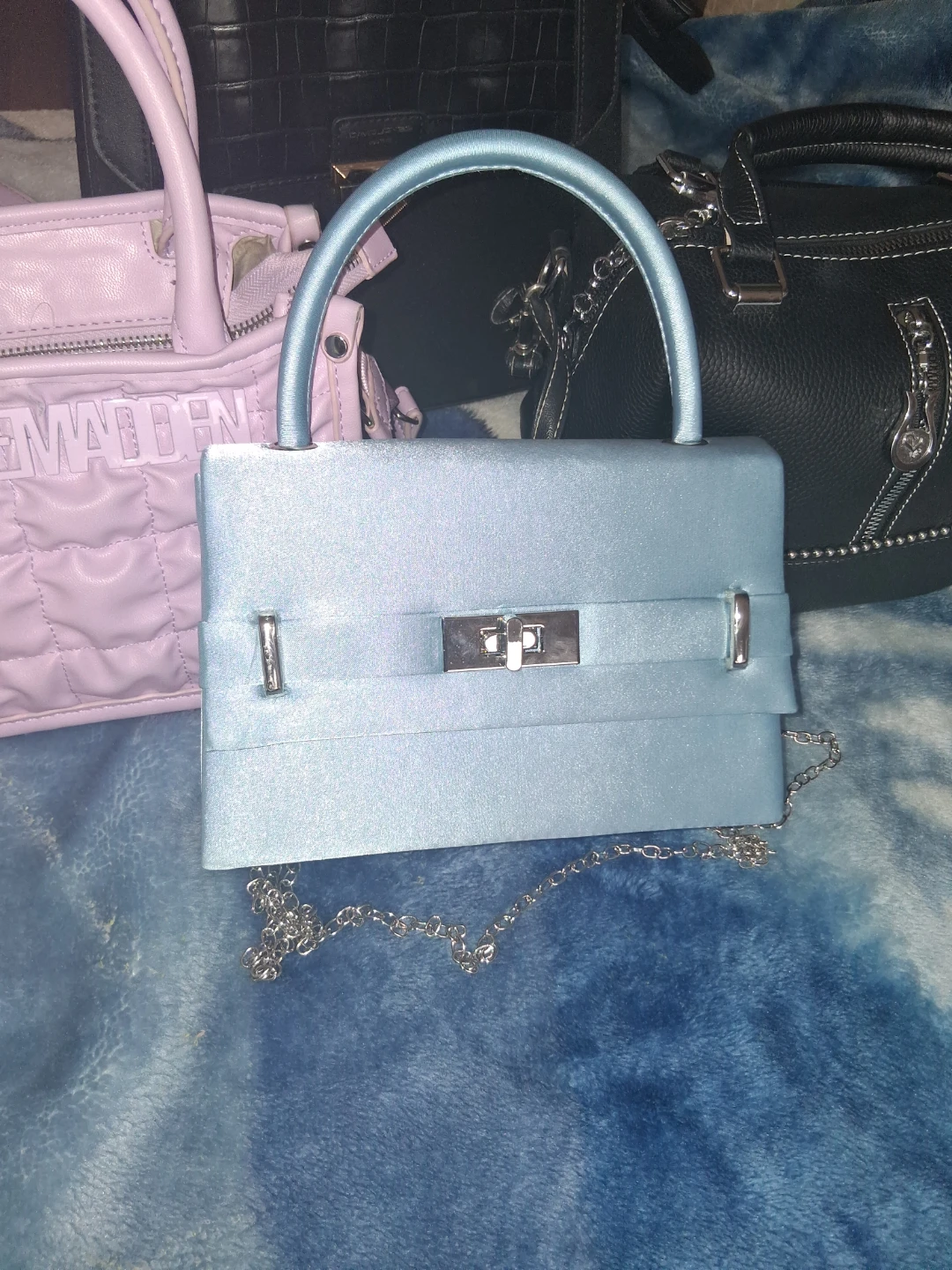 LE CHÂUTEAU Light Blue Satin Box Purse with Chain Strap