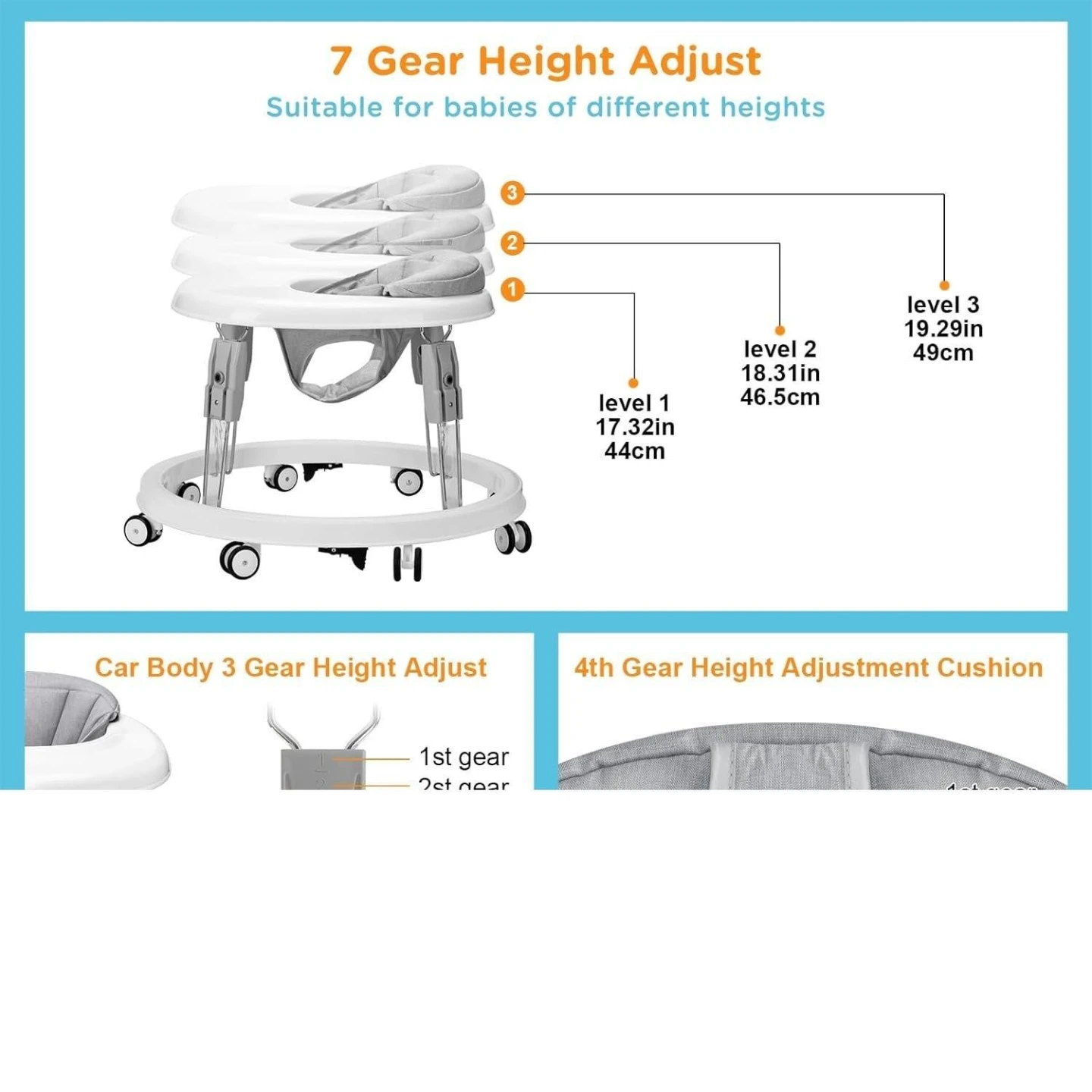 White Baby Walker with Tray and 7-Gear Height Adjustment - photo 2