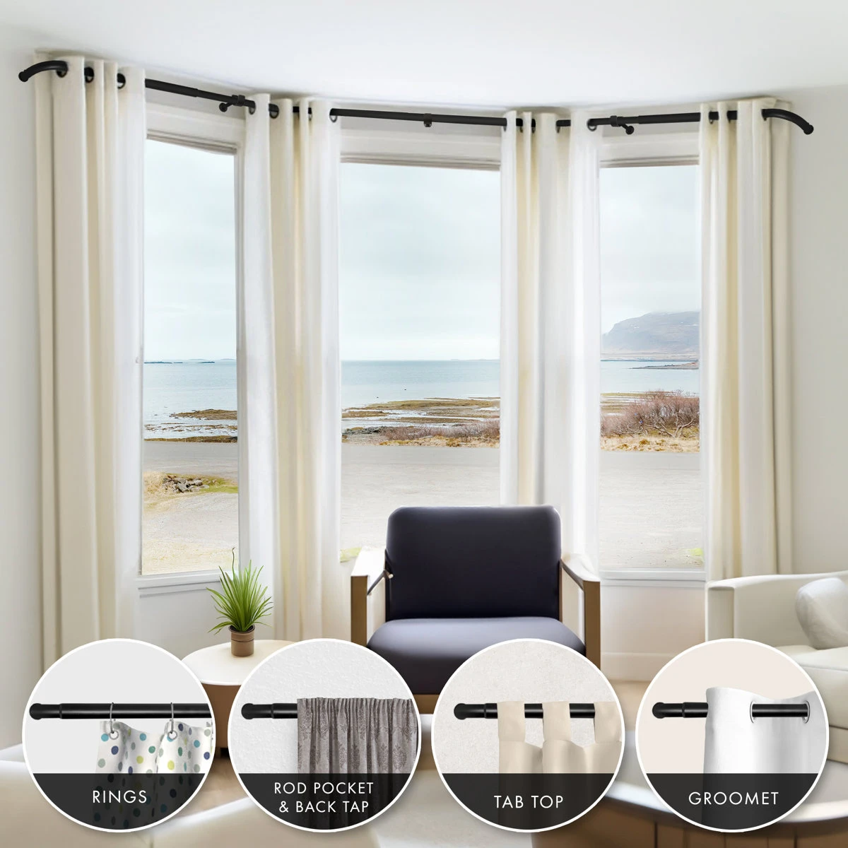 Black Bay Window Curtain Rod Set