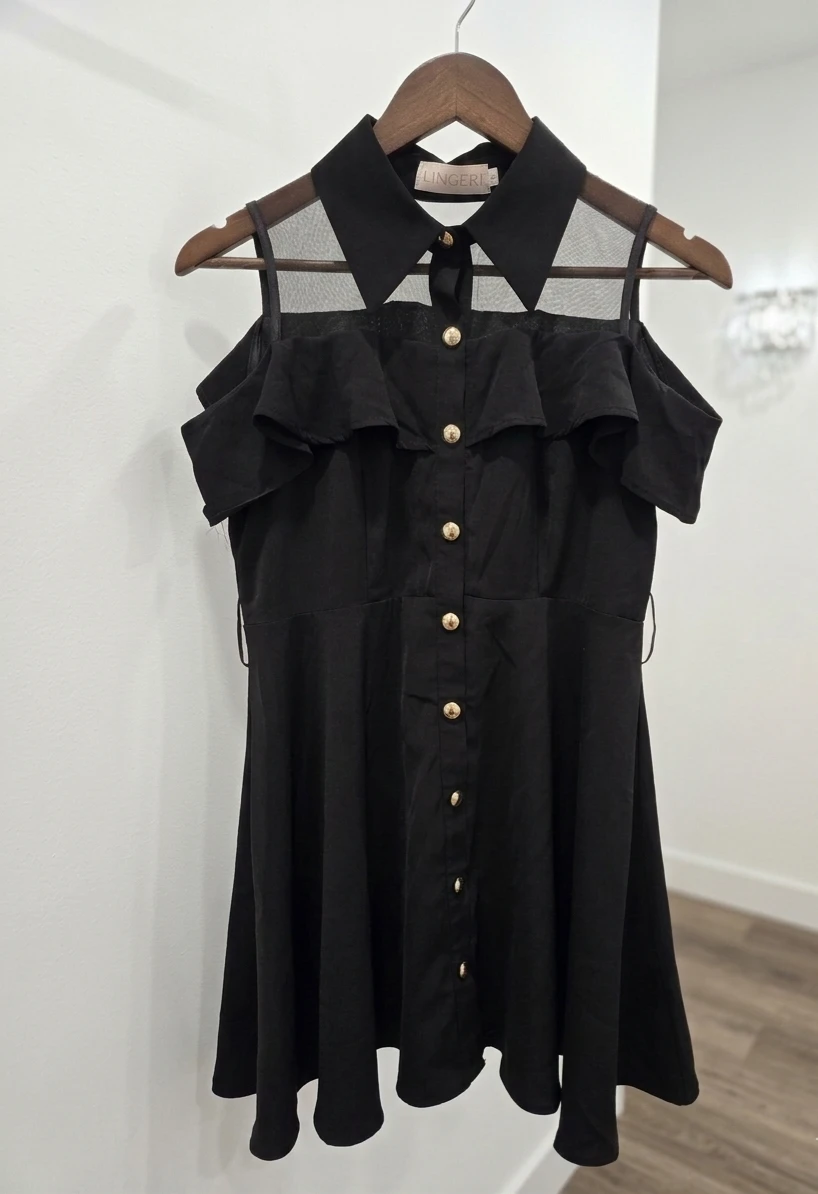 Black Cold Shoulder Mesh Collar Dress - photo 5