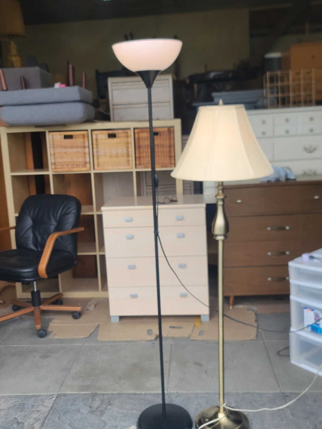 2 Floor Lamps - Black Torchiere & Brass w/ Shade
