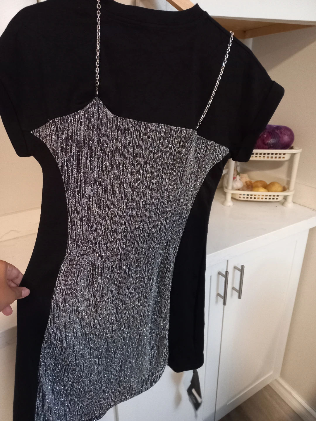 Black T-shirt dress with silver sequined overlay - photo 3