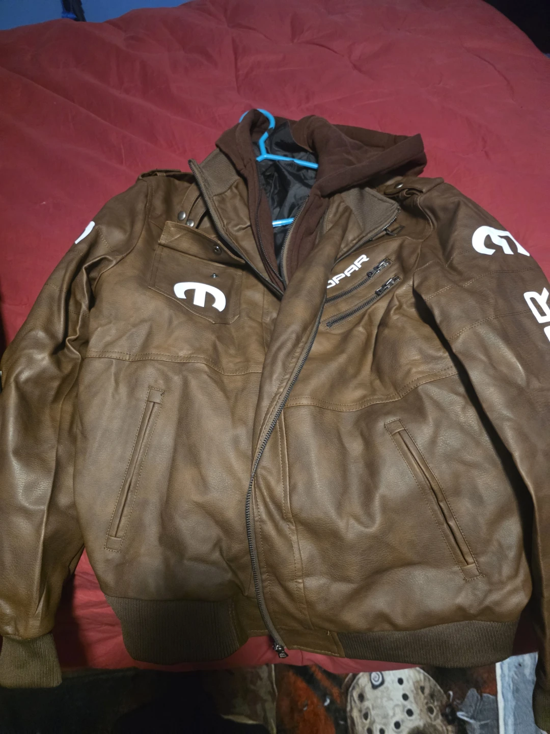 Mopar Brown Faux Leather Jacket with Hoodie