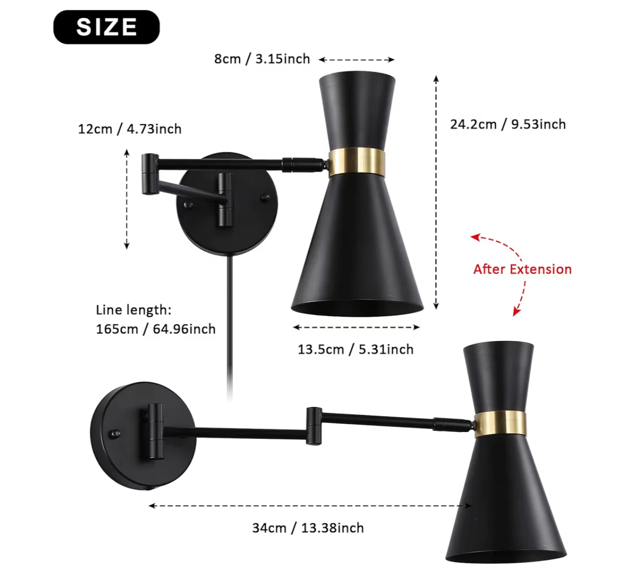 (Set of 2) Black Swing Arm Wall Lamp with Gold Accent - photo 5
