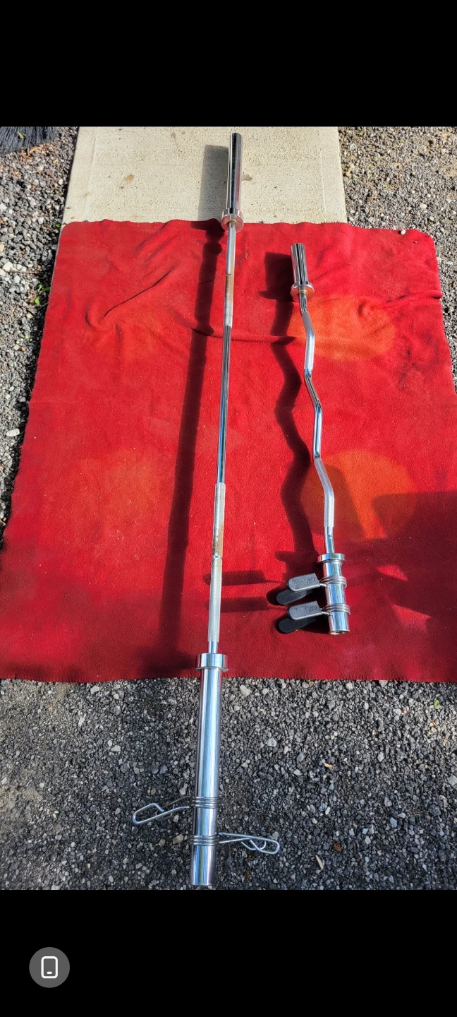 OLYMPIC 7' BAR.  45LBs AND EZ-CURL BAR USED NO LABELS.