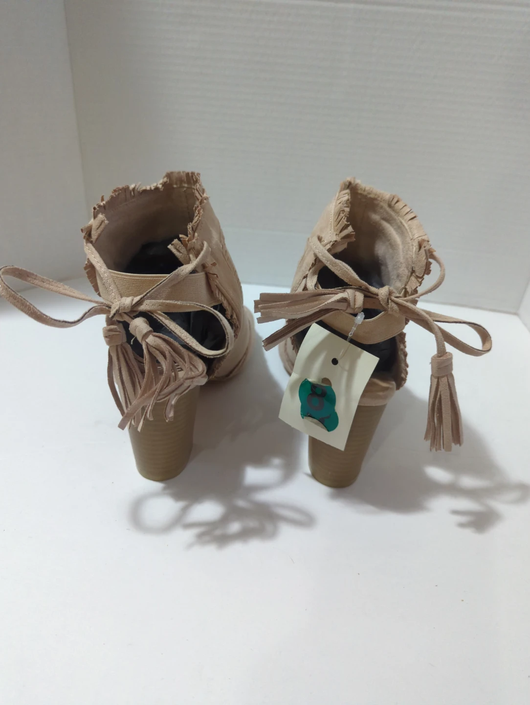Beige Peep Toe Heeled Booties with Tassels and Fringe - photo 3