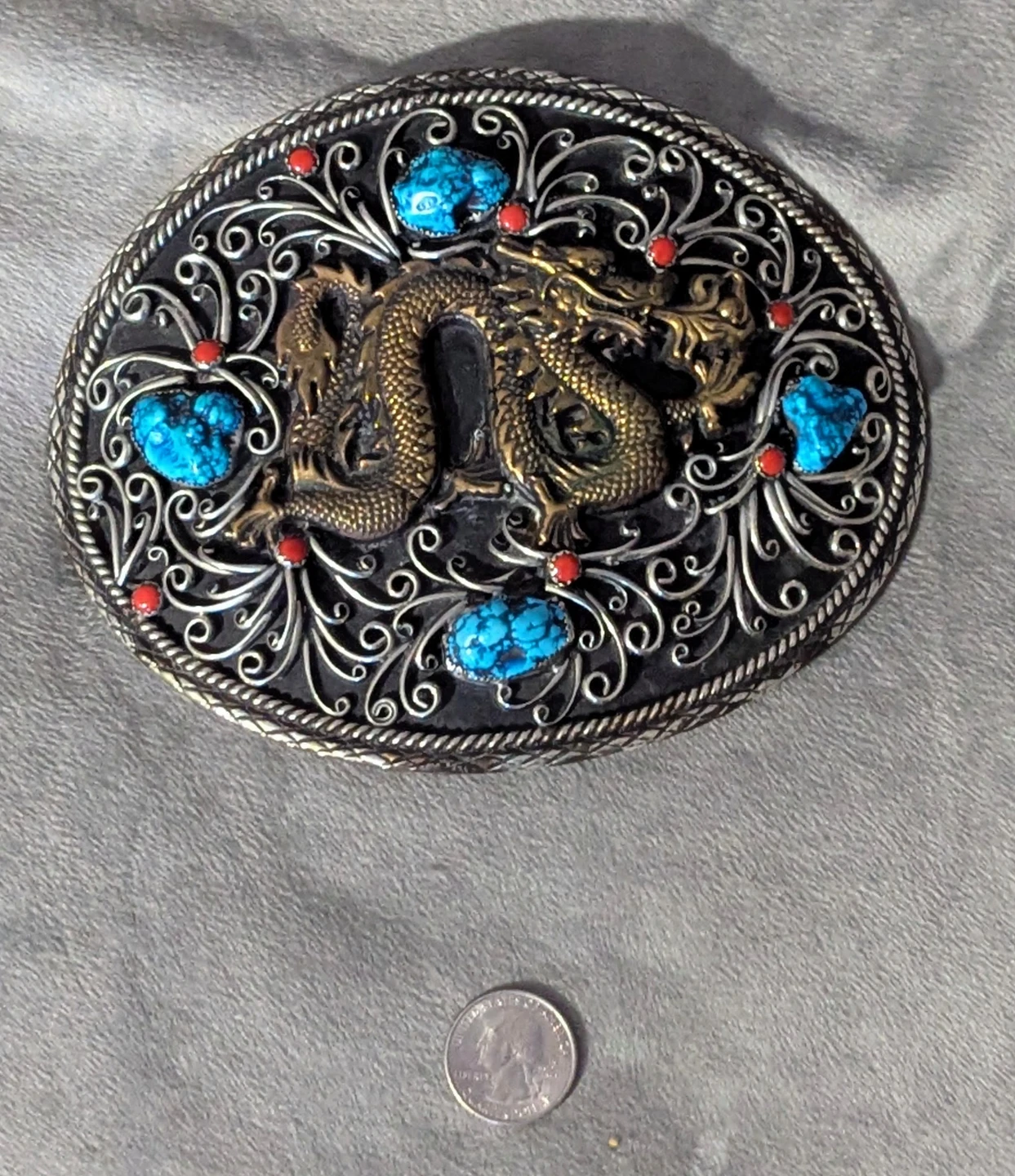Vintage Dragon Belt Buckle with Turquoise and Red Accents - photo 3