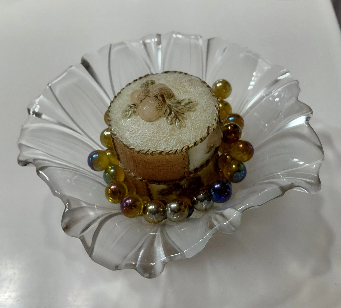 Clear Glass Decorative Bowl with Marbles, Floral Design Candle