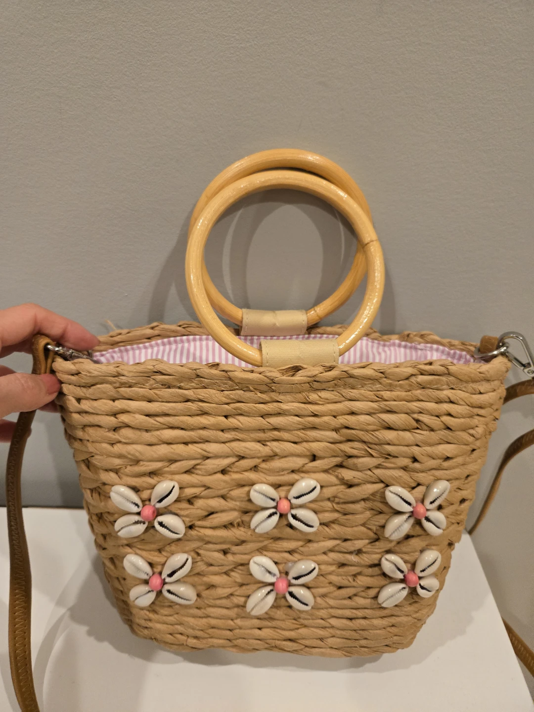 Straw Tote Bag with Shell and Wood Handles