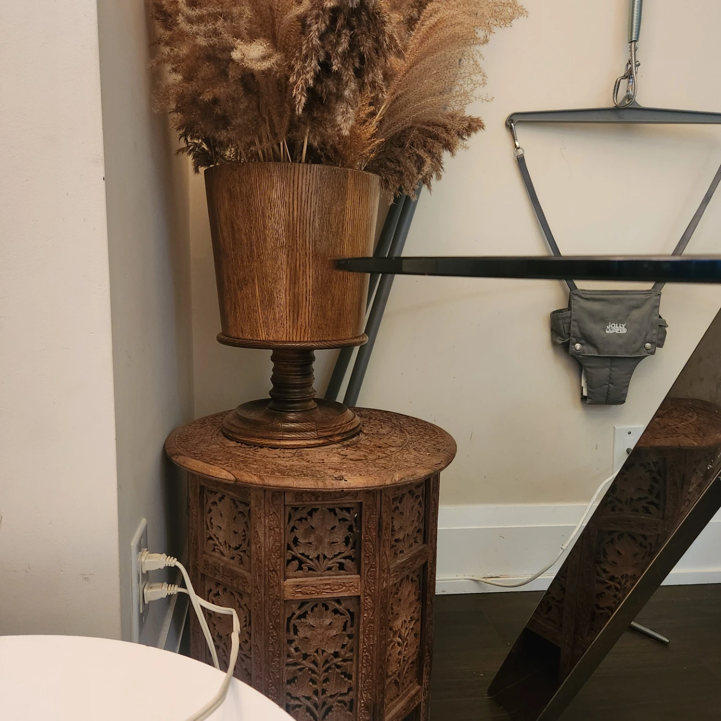 Vintage Carved Wood Side Table and Wooden flowerpot