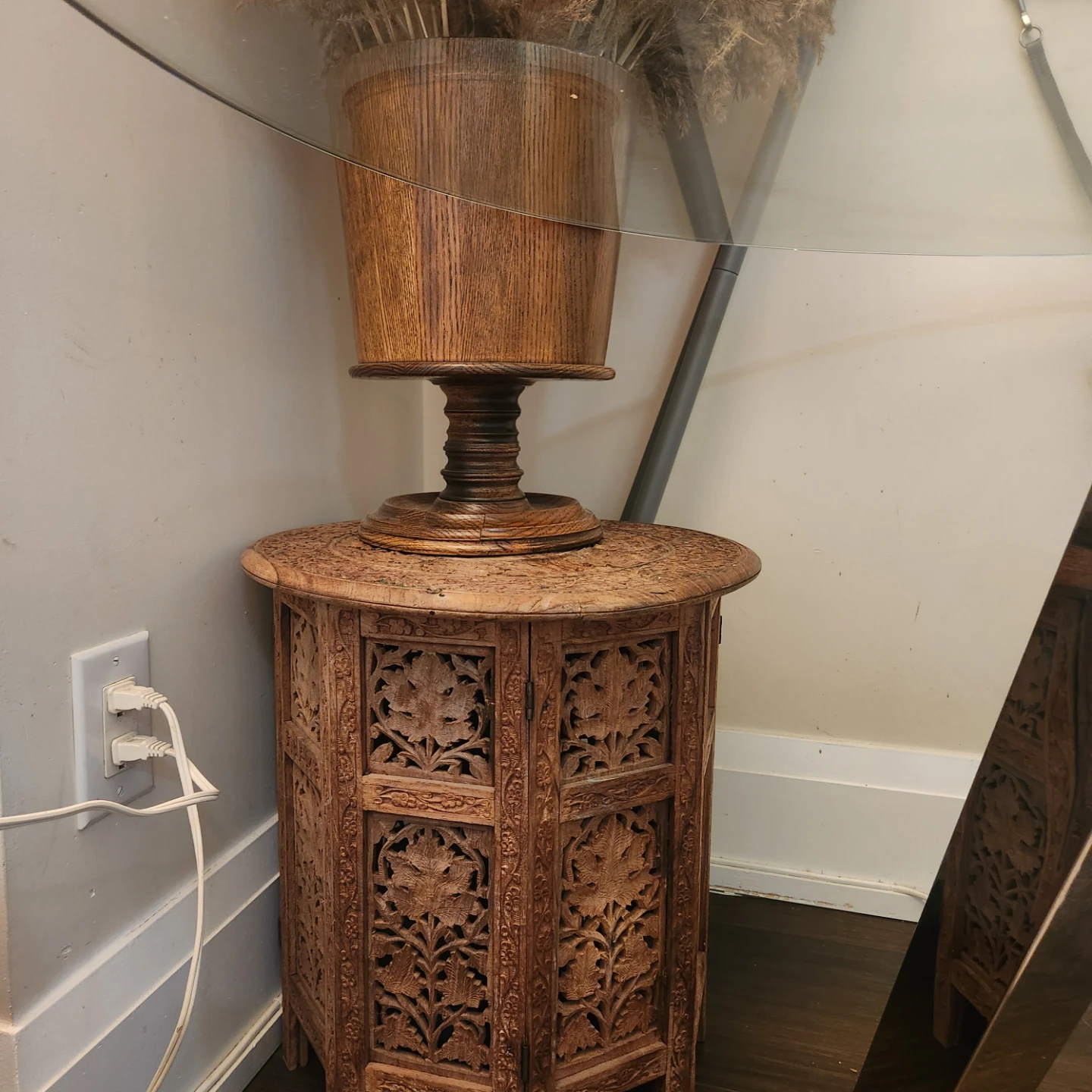 Vintage Carved Wood Side Table and Wooden flowerpot - photo 2