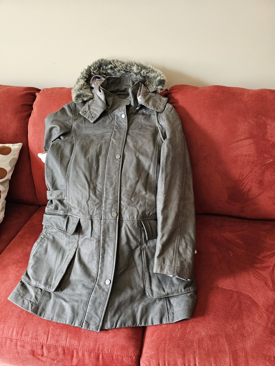 Danier Grey  Genuine  Leather Parka with Fur Hood