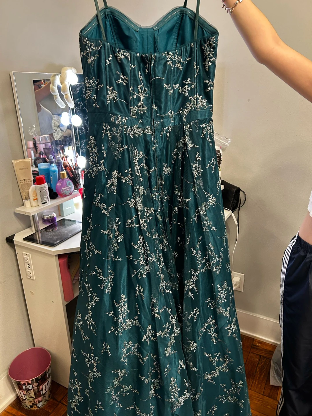 Emerald Green Formal Dress with Silver Floral Embroidery - photo 3