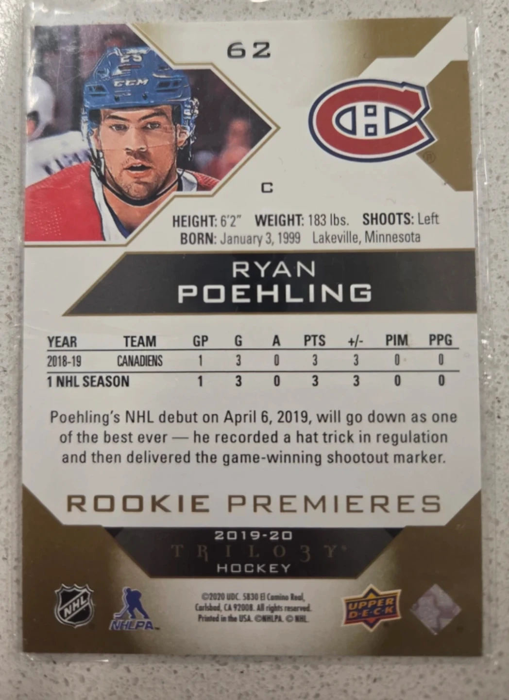 2019-20 Upper Deck Trilogy Hockey Card - Ryan Poehling Rookie - photo 2