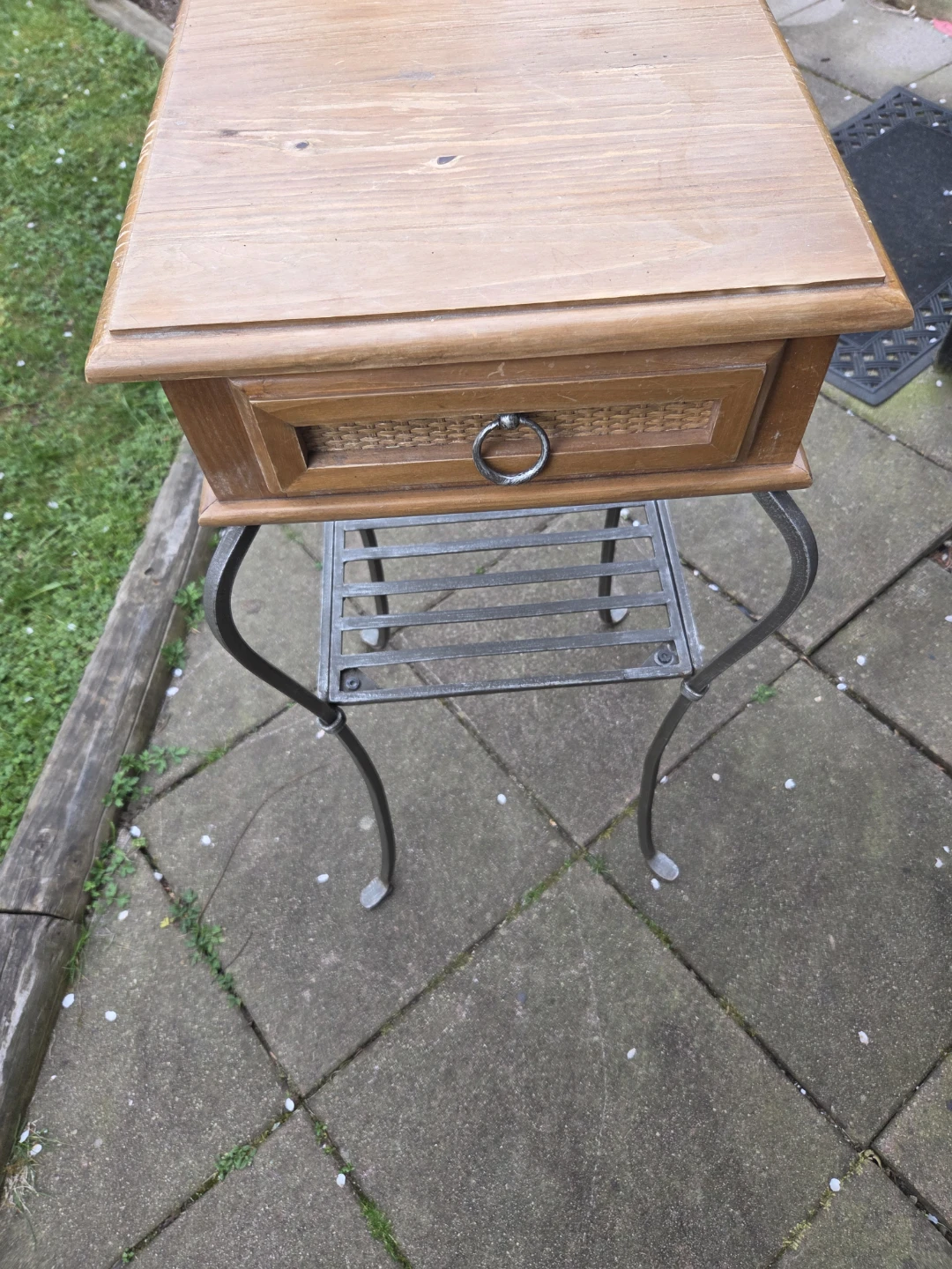Wooden and metal accent table with drawer
