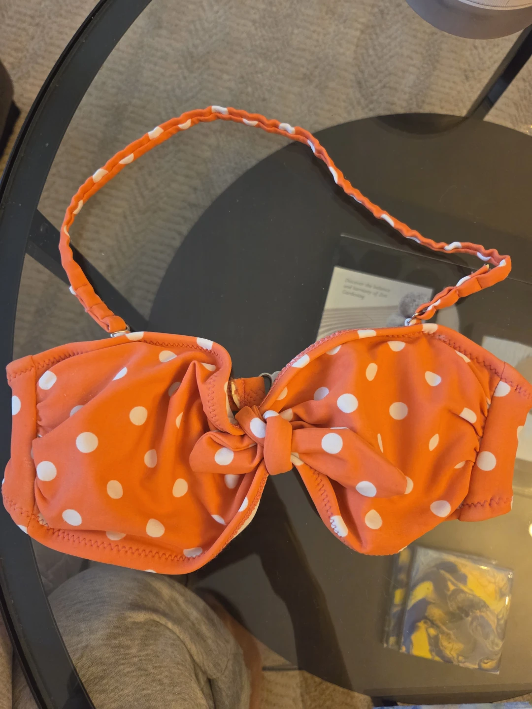 Orange and white polka dot bikini top