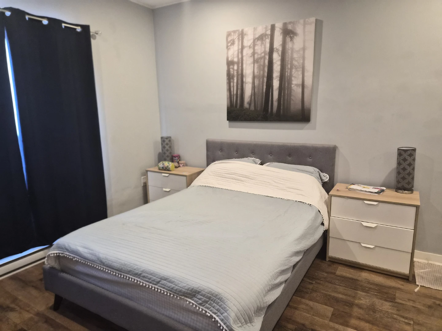 Grey upholstered queen bed frame with tufted headboard