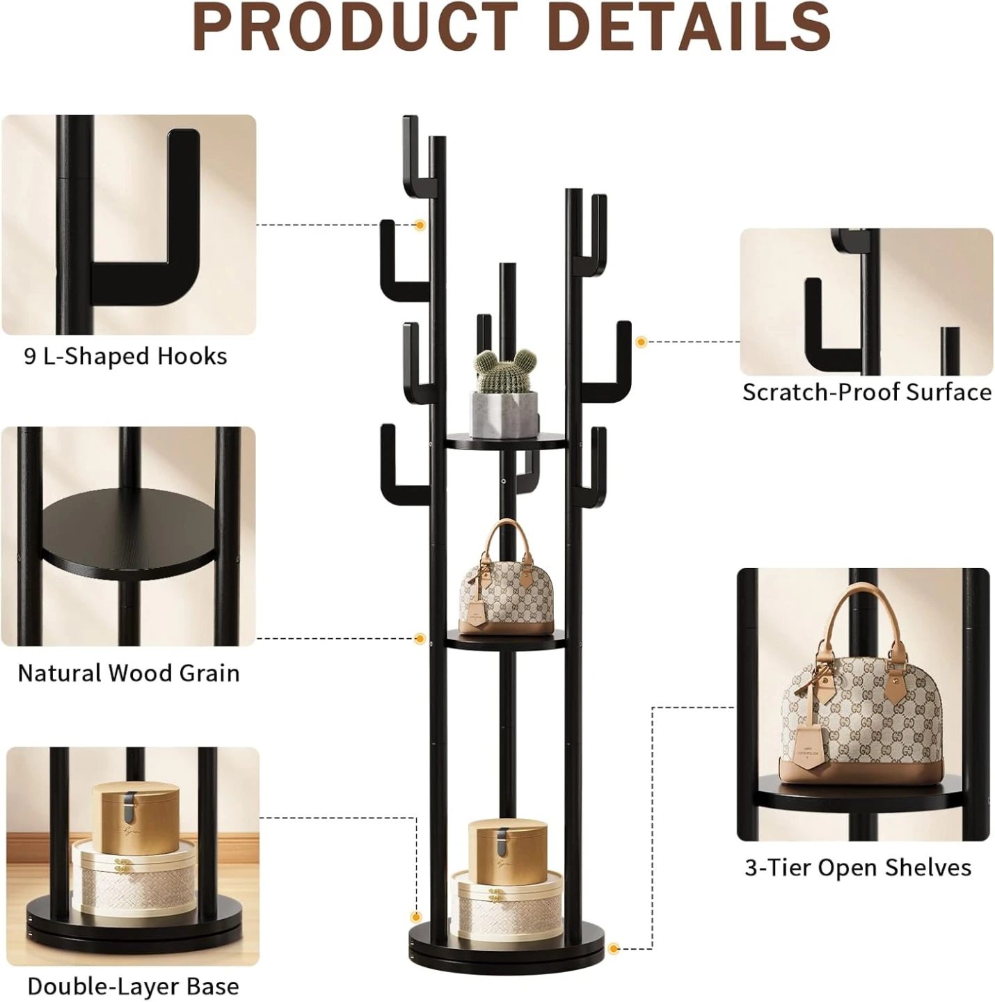 Yoobure Rotary Coat Rack Freestanding - Solid Wood Coat Tree - photo 5