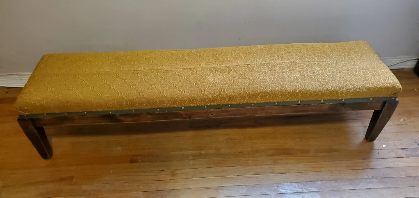 Antique Yellow Upholstered Bench with Wooden Legs