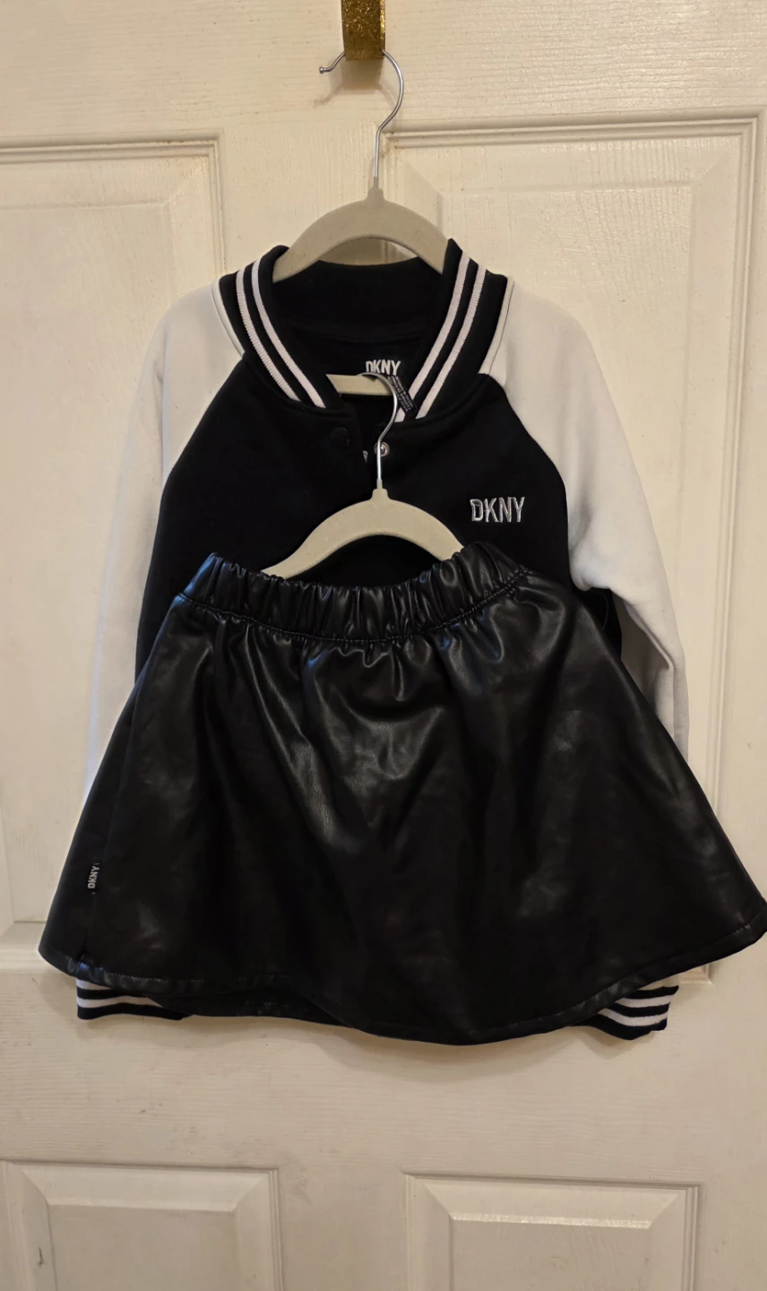 DKNY Black Faux Leather Skirt and Varsity Jacket Set Size 8 - photo 4