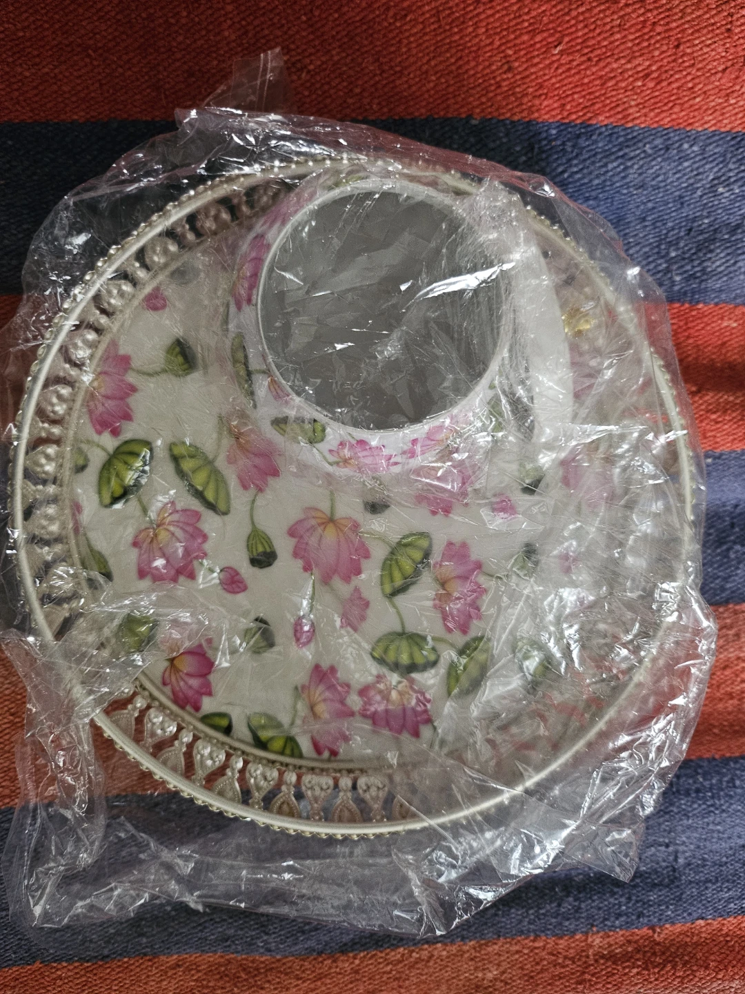 Decorative Silver Tray with Lotus Pattern