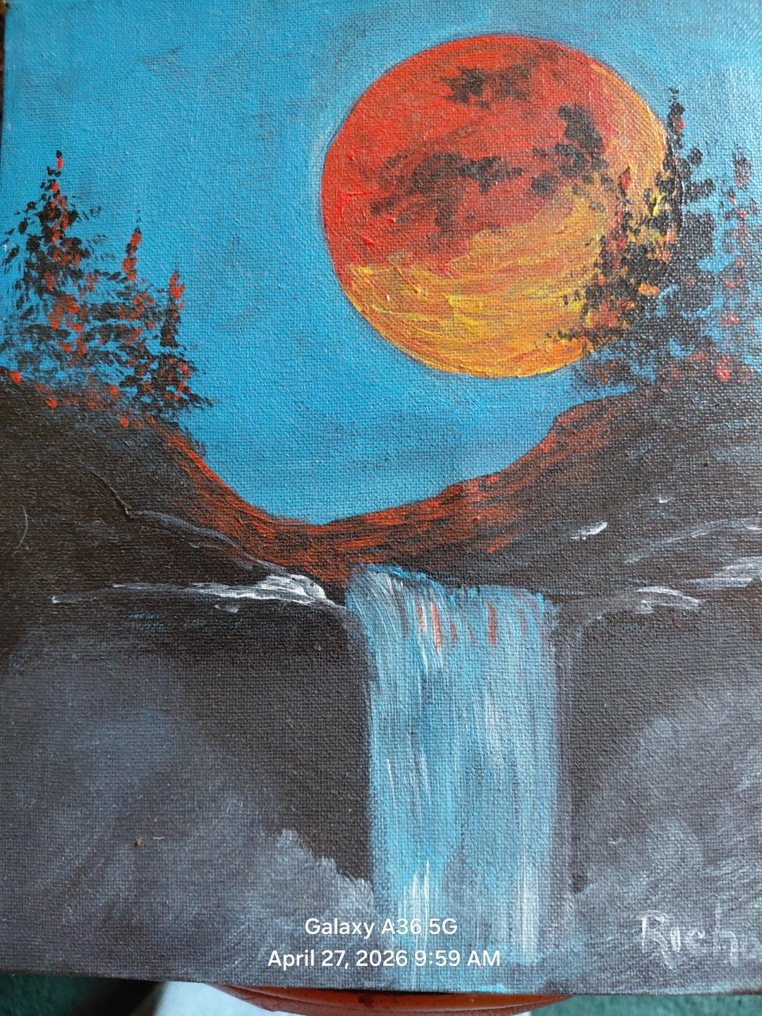 Original Acrylic Painting - Full Moon Waterfall Landscape