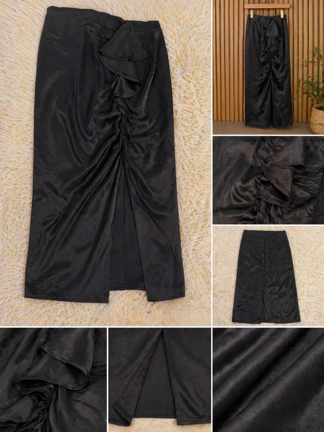 Black Ruched Satin Midi Skirt