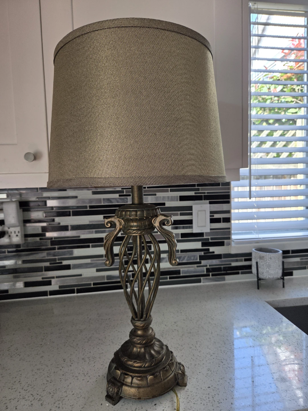 Ornate Metal Table Lamp with Textured Shade