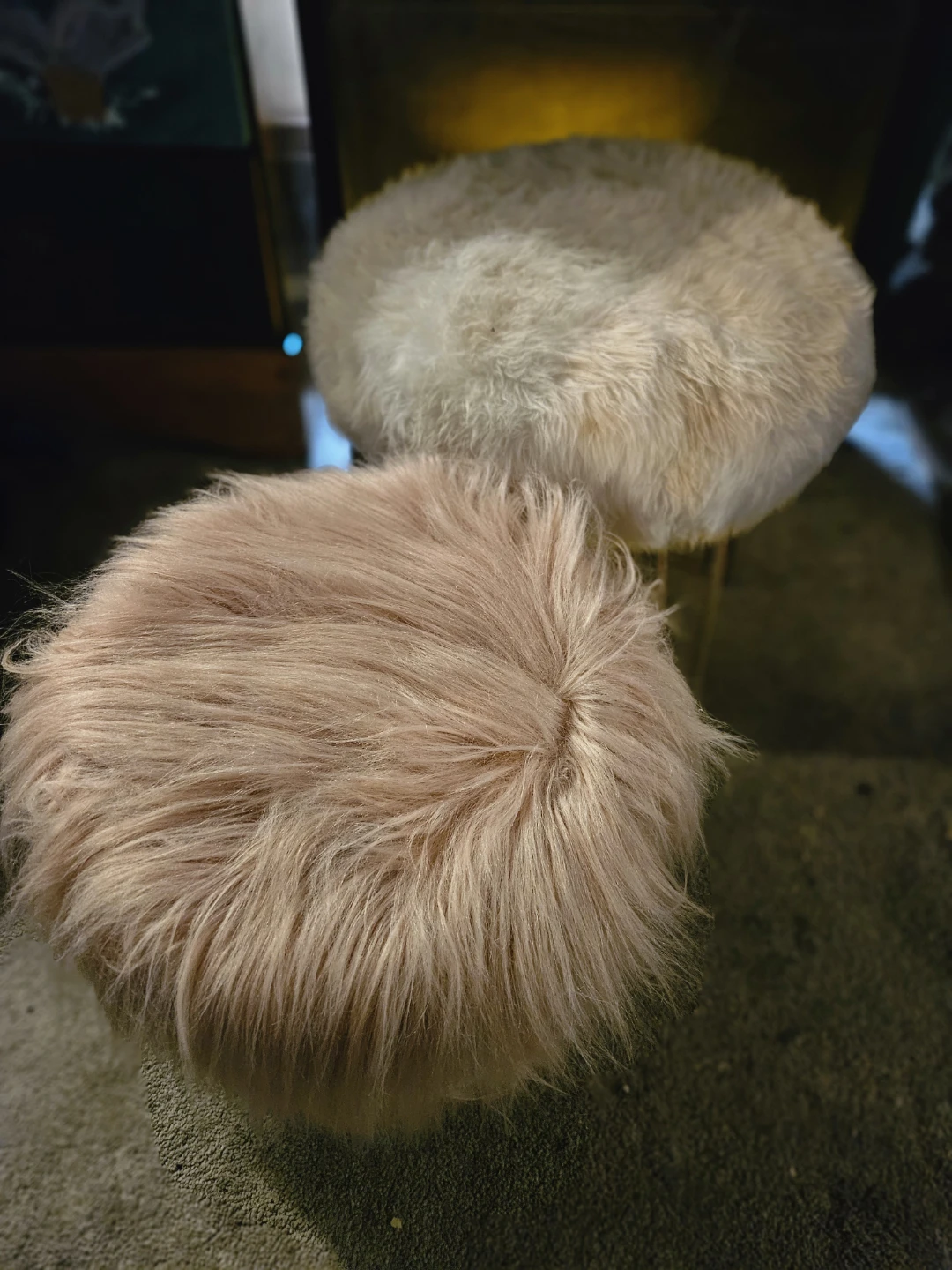 Faux Fur Stool Ottoman (Cream & Pink)