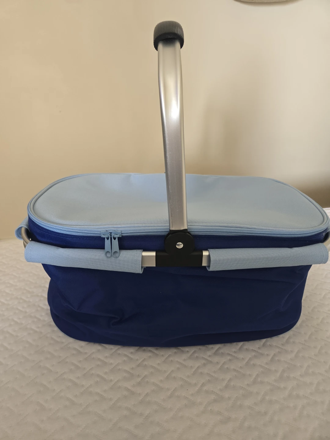Blue Insulated Picnic Basket with Folding Handle