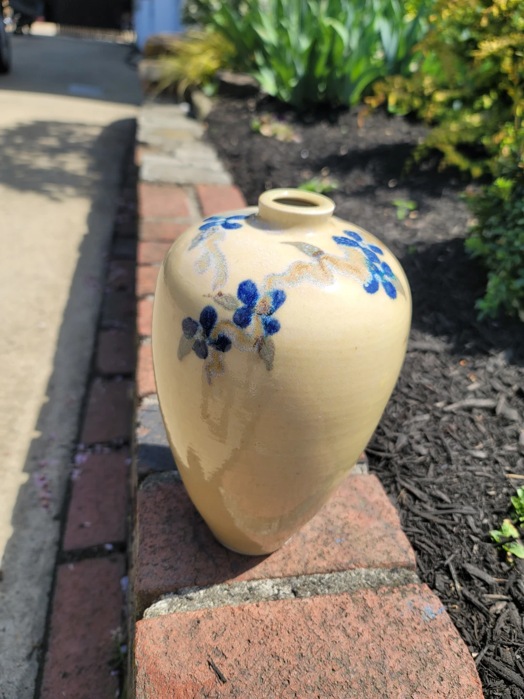 Yellow Ceramic Vase with Blue Floral Design