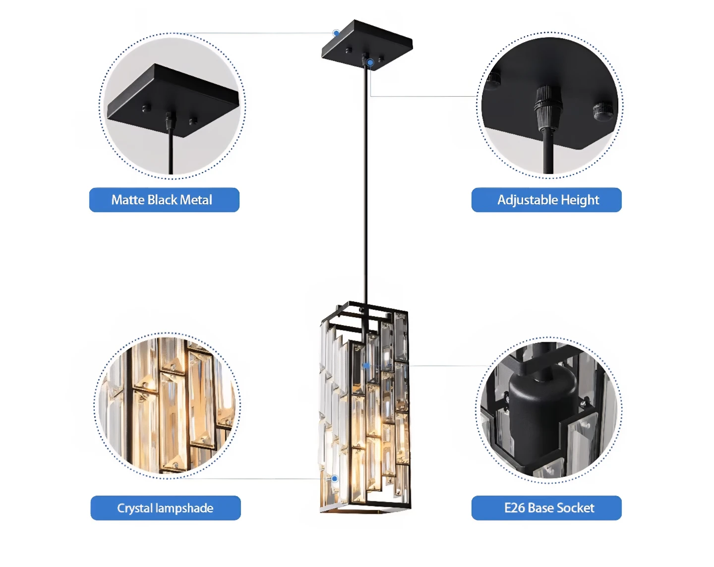 Modern Crystal Pendant Light Fixture - Matte Black Metal