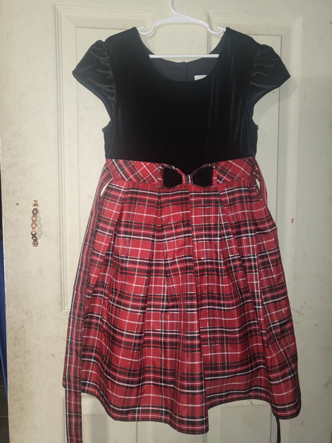 Girls Black Velvet & Plaid Dress
