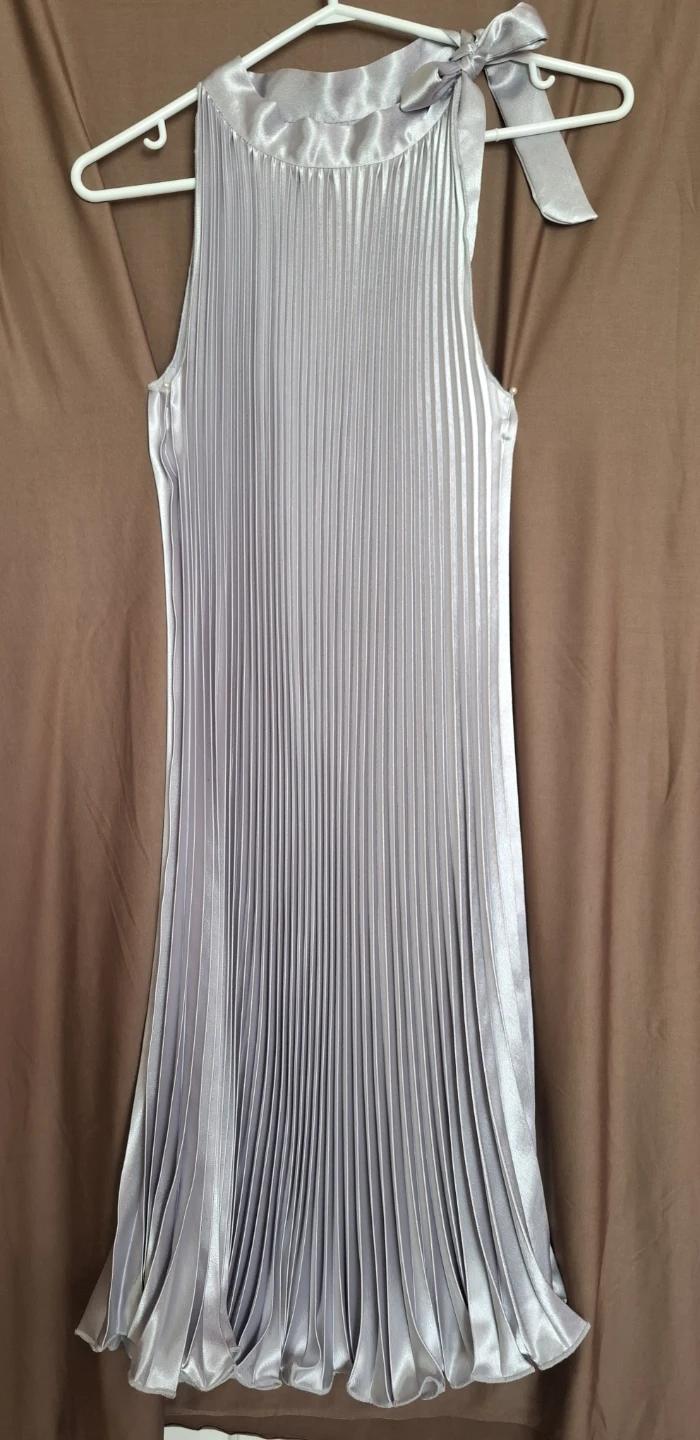 Silver Pleated Halter Neck Dress with Bow Accent