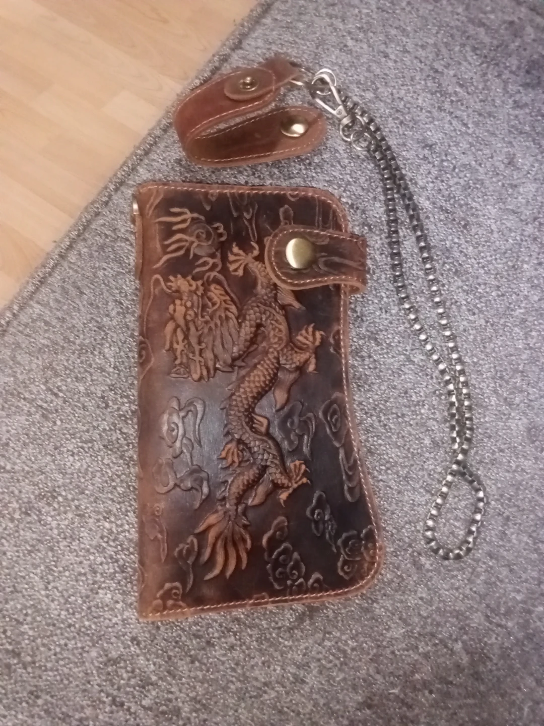 Brown Leather Biker Wallet with Dragon Embossing and Chain