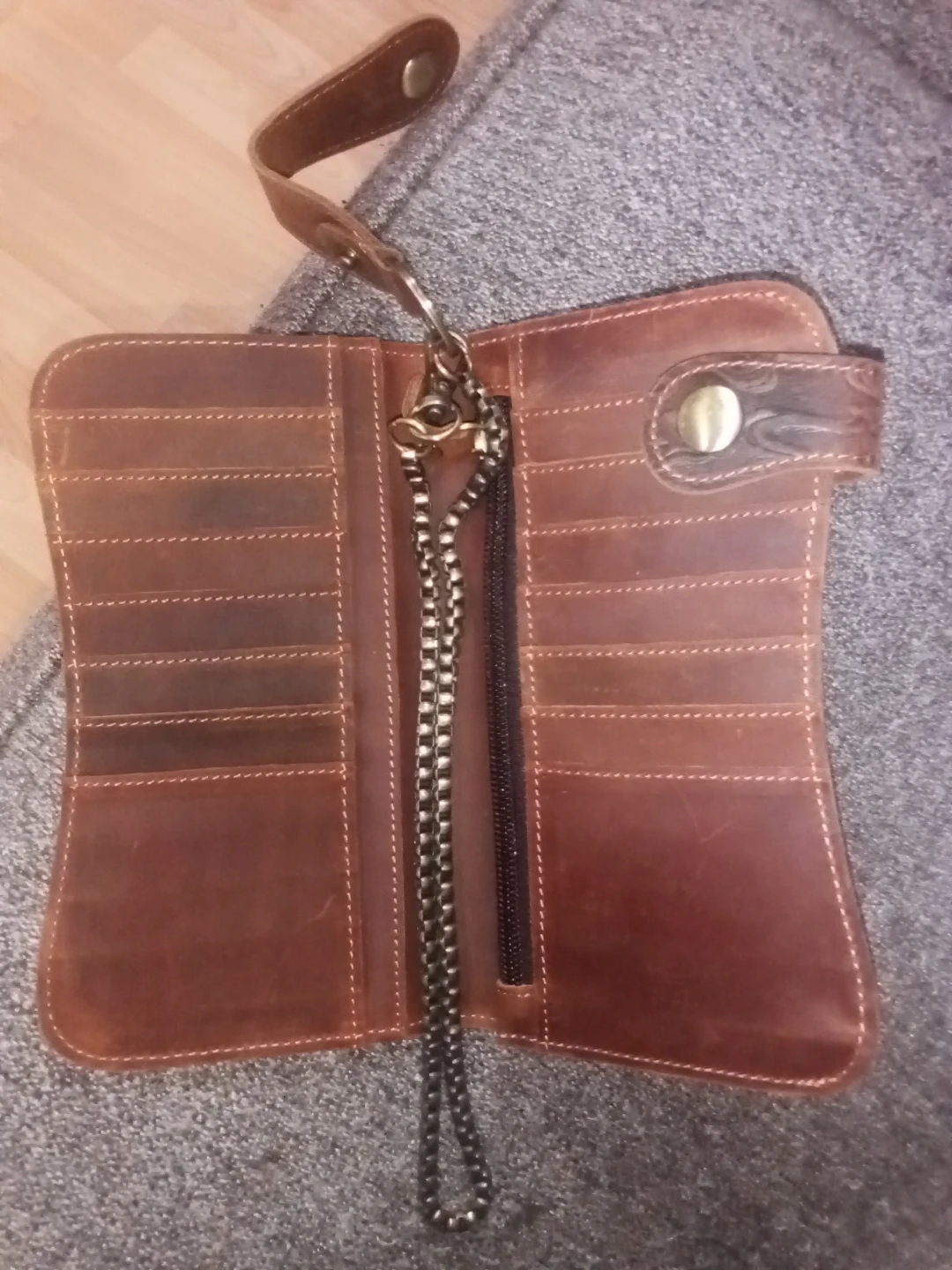 Brown Leather Biker Wallet with Dragon Embossing and Chain - photo 2