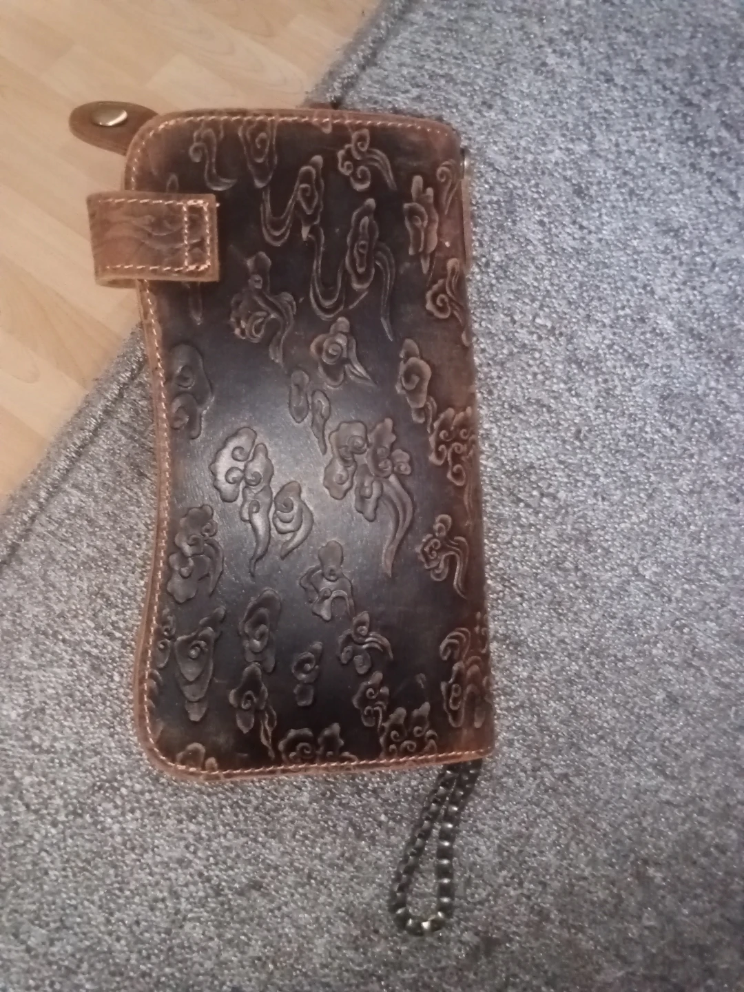 Brown Leather Biker Wallet with Dragon Embossing and Chain - photo 3