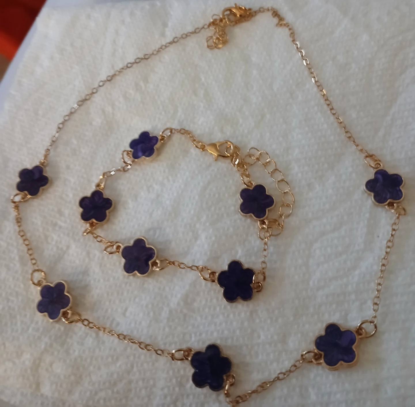 Gold-tone Necklace and Bracelet Set with Purple Flower Charms
