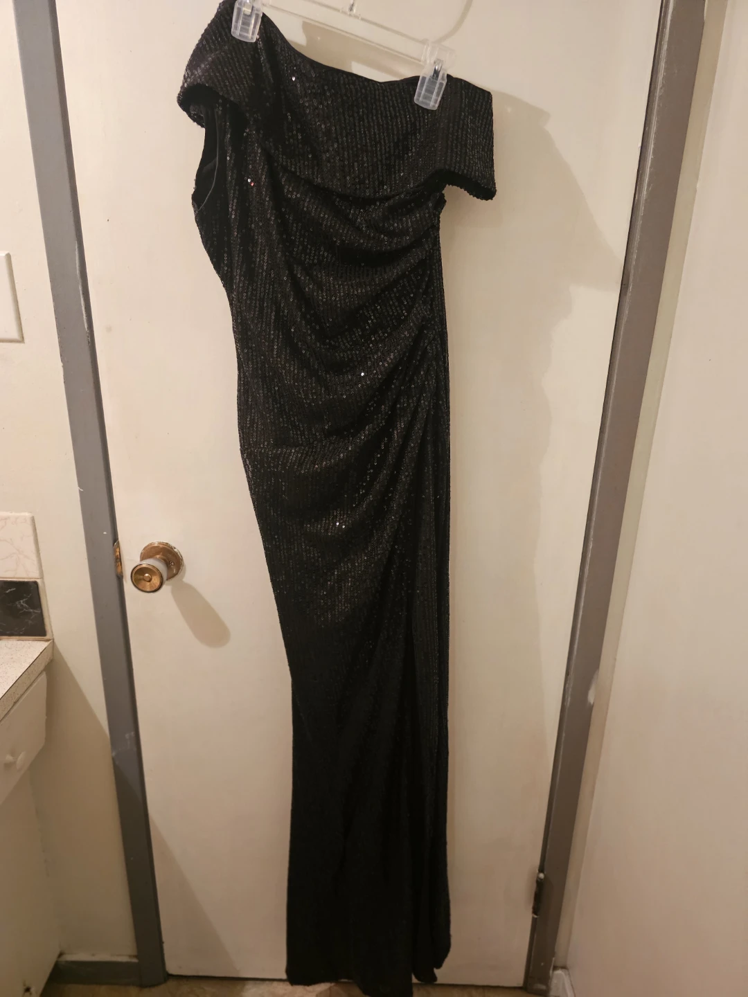 FAERIESTY Black Sequin Off-the-Shoulder Gown - Size S