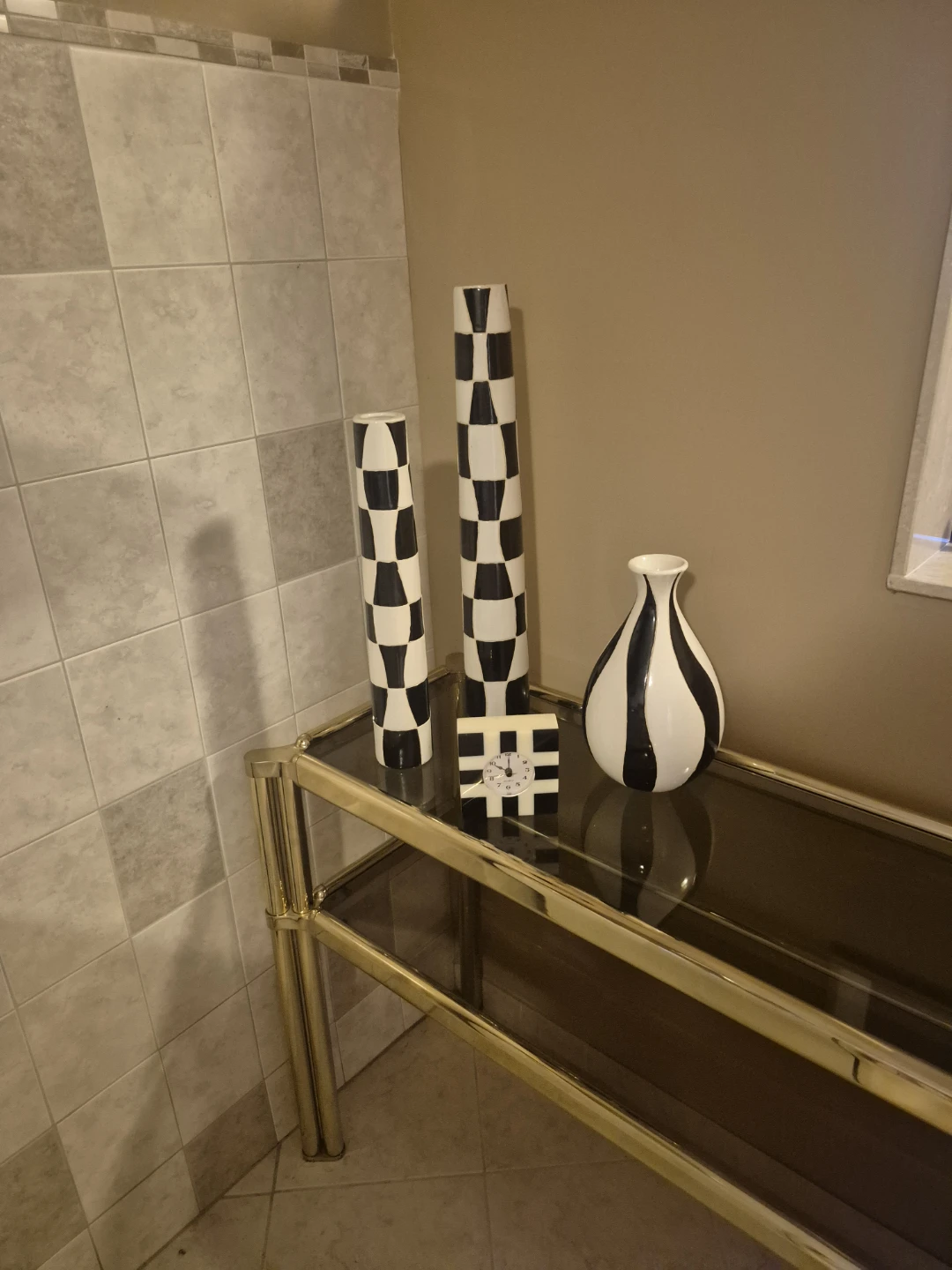 Set of 3 Black and White Decorative Vases and Clock