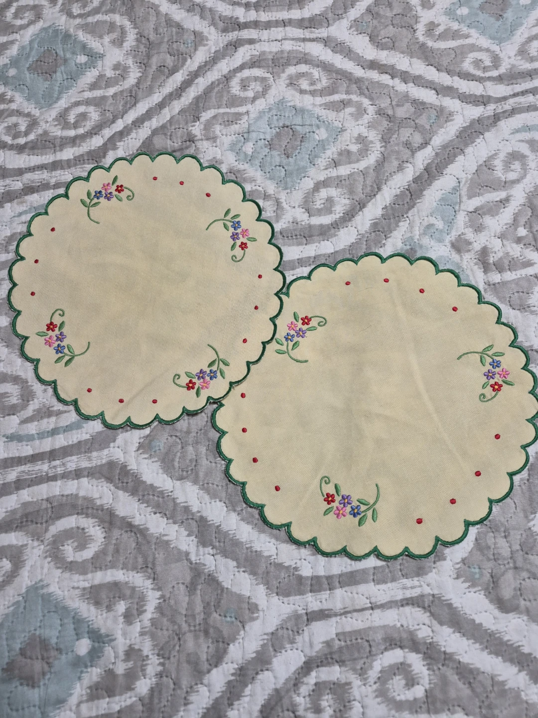 Vintage Pair of Hand Embroidered 11 1/2"  Linen Doilies