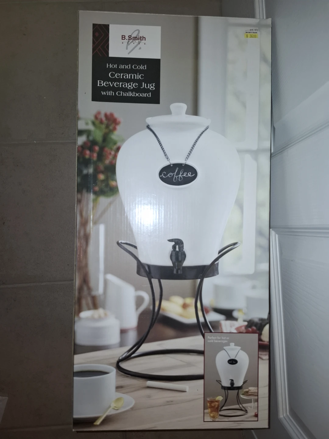 BNIB B. Smith Ceramic Beverage Jug with Stand & Chalkboard