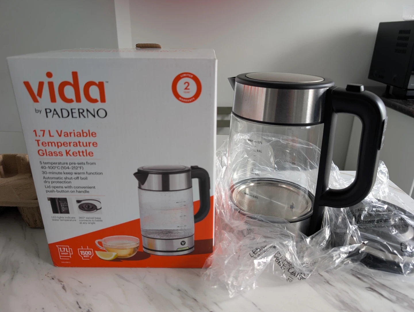 Vida by Paderno 1.7L Variable Temperature Glass Kettle