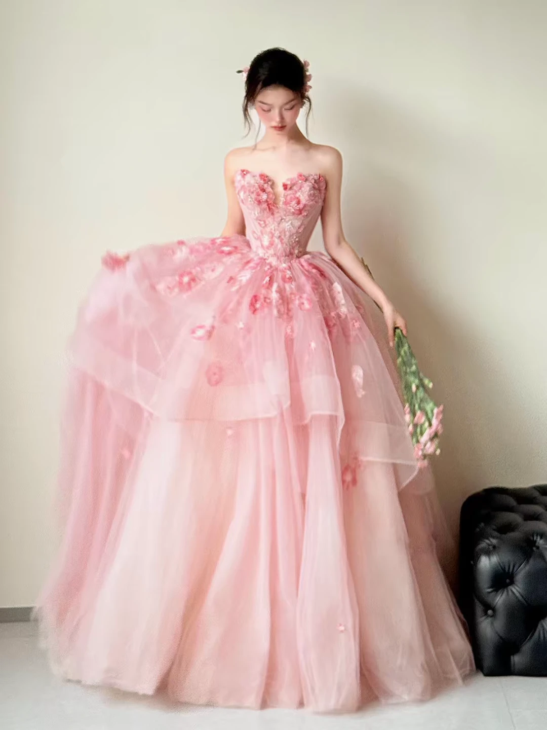 Pink Strapless Tulle Gown with Floral Appliques - photo 2