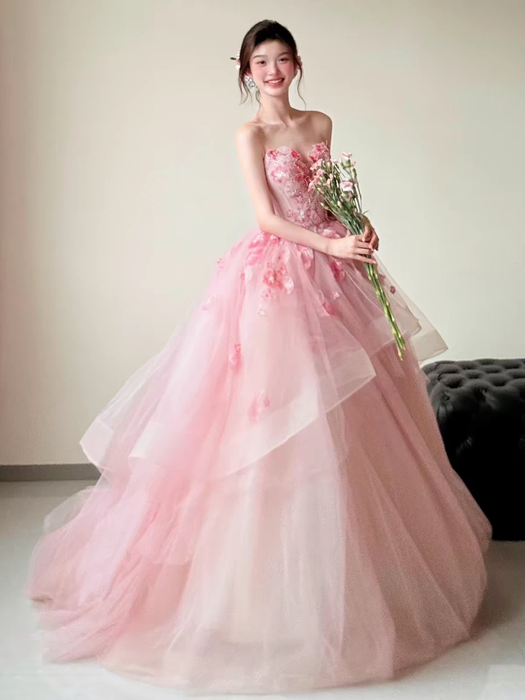 Pink Strapless Tulle Gown with Floral Appliques - photo 3