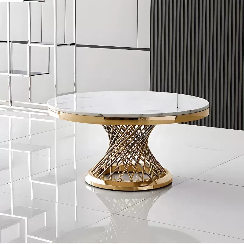 Round Cocktail Table with Marble Top and Gold Spiral Spoked Base - photo 2