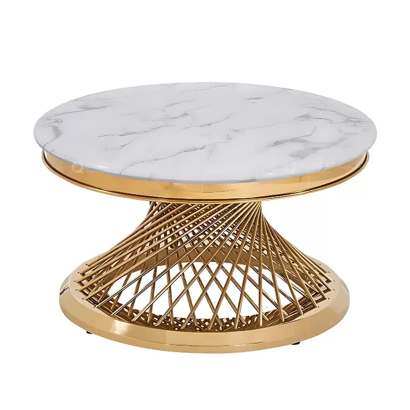 Round Cocktail Table with Marble Top and Gold Spiral Spoked Base - photo 4